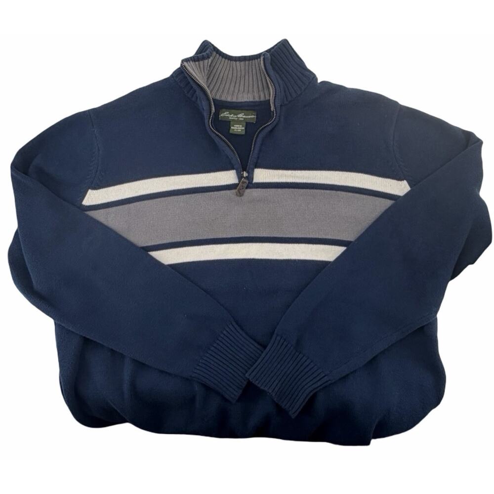 Eddie Bauer Men’s XL Quarter Zip Sweater Navy Gray Chest Stripe 100% Cotton